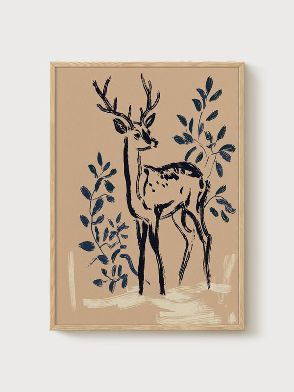 Deer Line Art Print poster in oak frame