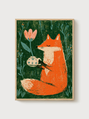 Fox Art Print poster in oak frame
