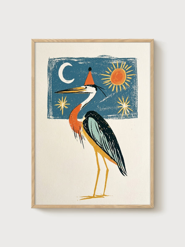 Blue Heron Wall Art poster in oak frame