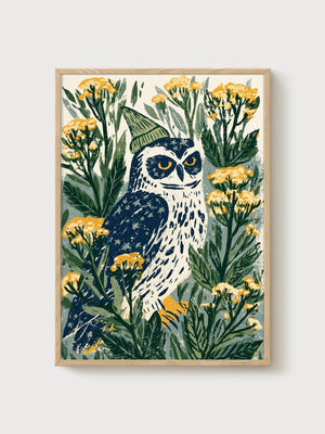 Owl Wall Art poster in oak frame