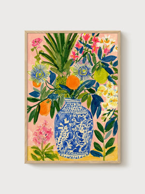 Blue and White Vase Floral Print poster in oak frame