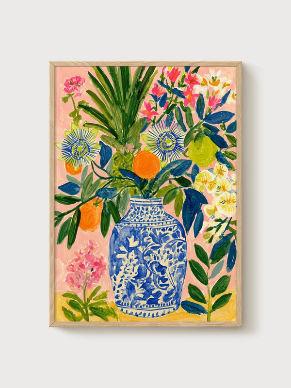 Blue and White Vase Floral Print poster in oak frame