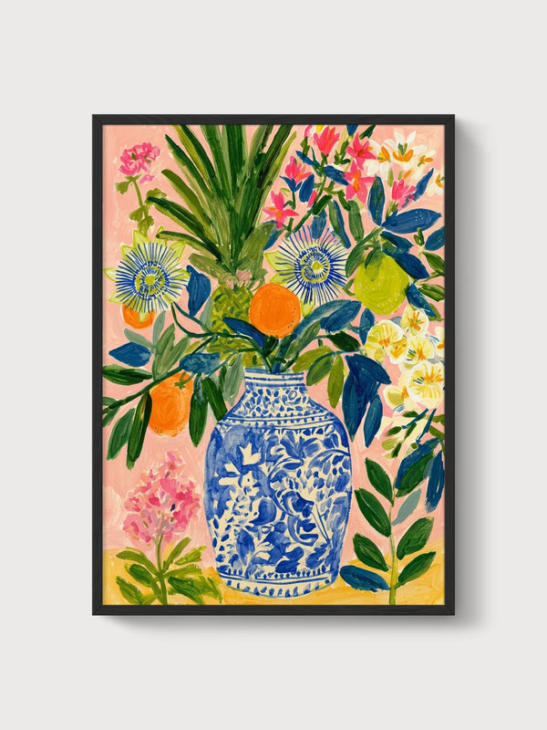 Blue and White Vase Floral Print poster in black frame