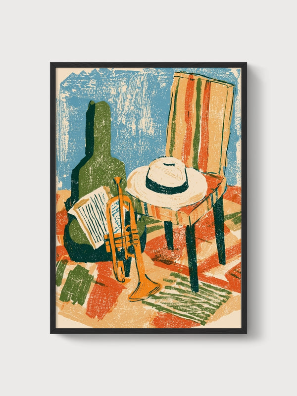 Retro Trumpet Still Life Print poster in black frame