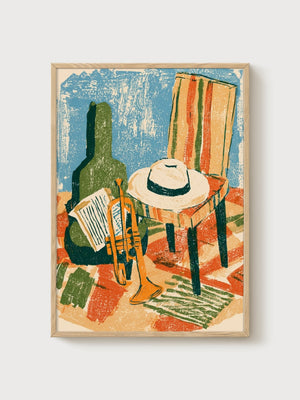 Retro Trumpet Still Life Print poster in oak frame