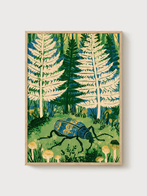 Beetle Forest Print poster in oak frame