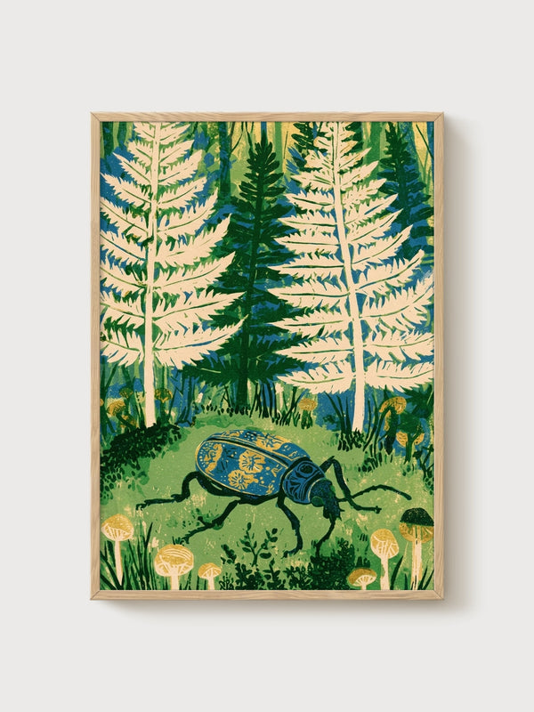 Beetle Forest Print poster in oak frame