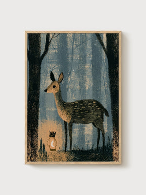 Deer With Lantern Forest Wall Art poster in oak frame
