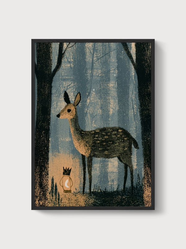 Deer With Lantern Forest Wall Art poster in black frame