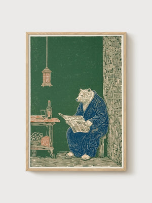 Folk Art Bear Print poster in oak frame