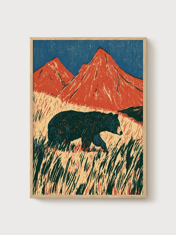 Japanese Woodblock Bear Print poster in oak frame