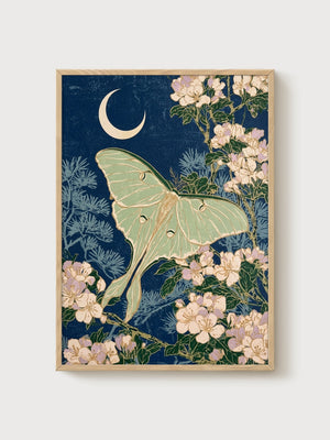 Art Nouveau Luna Moth Print poster in oak frame