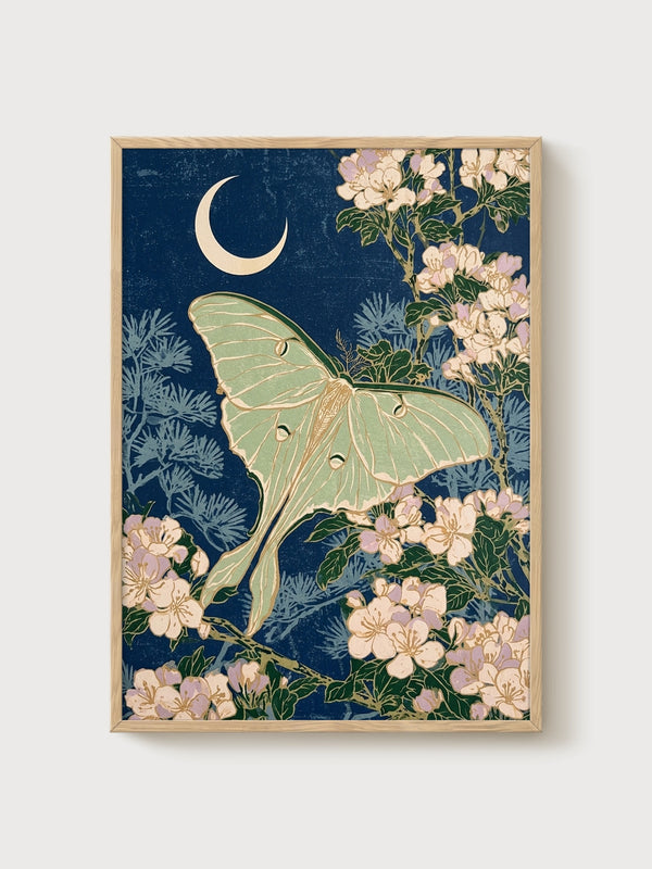 Art Nouveau Luna Moth Print poster in oak frame