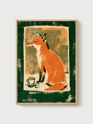 Fox and Tea Retro Poster poster in oak frame