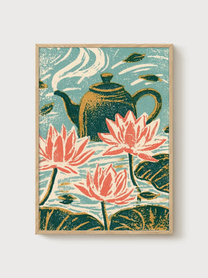 Lotus Flower Teapot Woodblock Print poster in oak frame