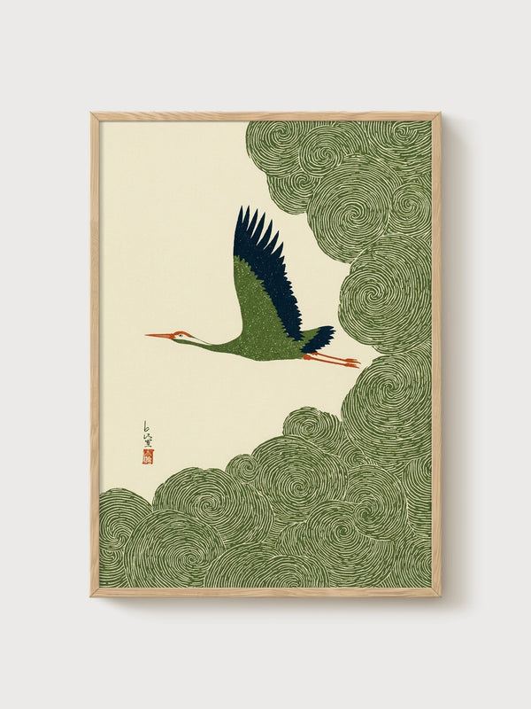 Crane Art Print poster in oak frame