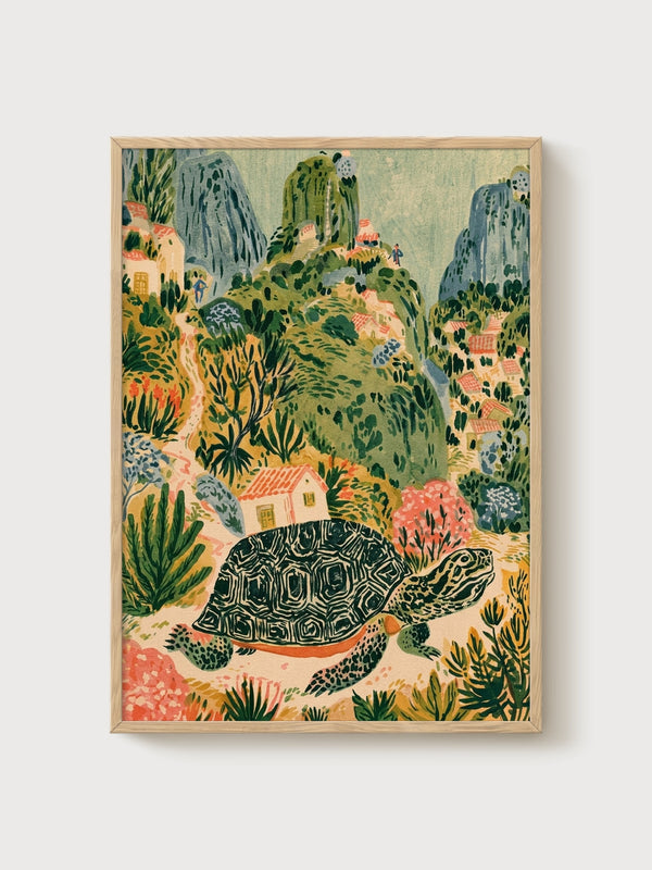 Folk Art Tortoise Village Landscape Print poster in oak frame