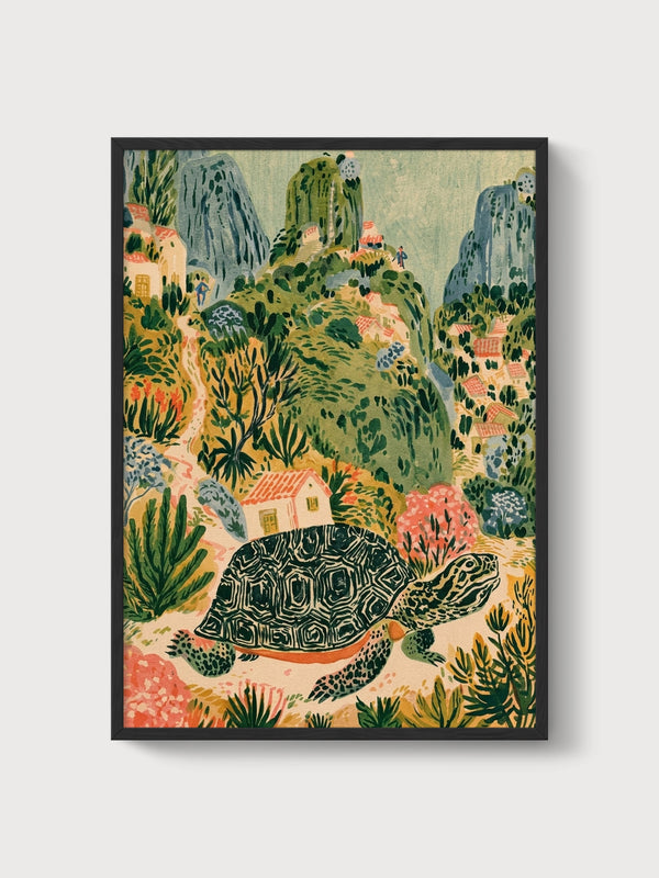 Folk Art Tortoise Village Landscape Print poster in black frame