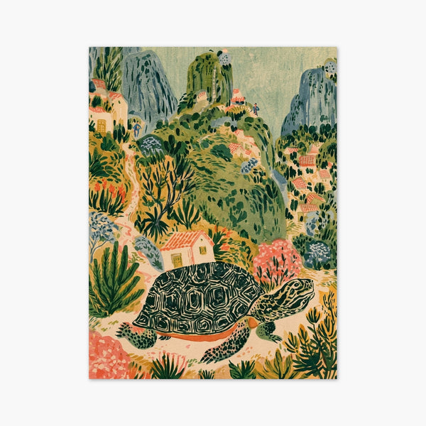 Folk Art Tortoise Village Landscape Print art print