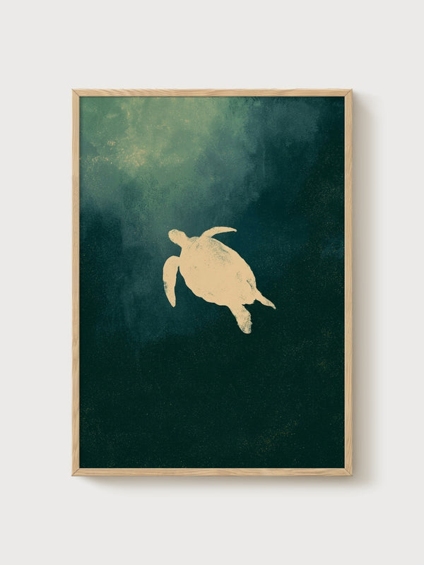 Sea Turtle Ocean Wall Art poster in oak frame
