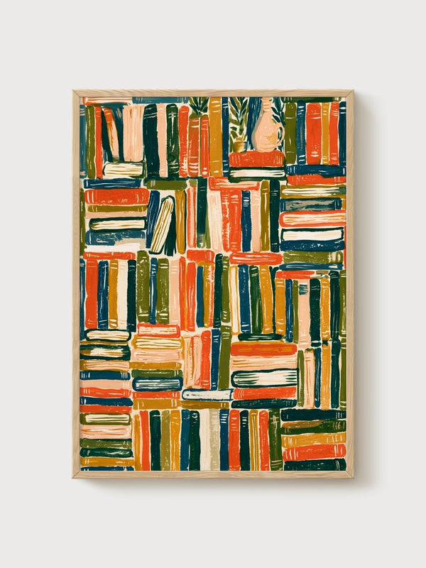 Bookshelf Decor Print poster in oak frame