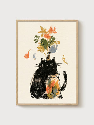 Black Cat Art Print poster in oak frame