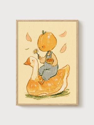 Peach Girl on Goose Duck Painting poster in oak frame