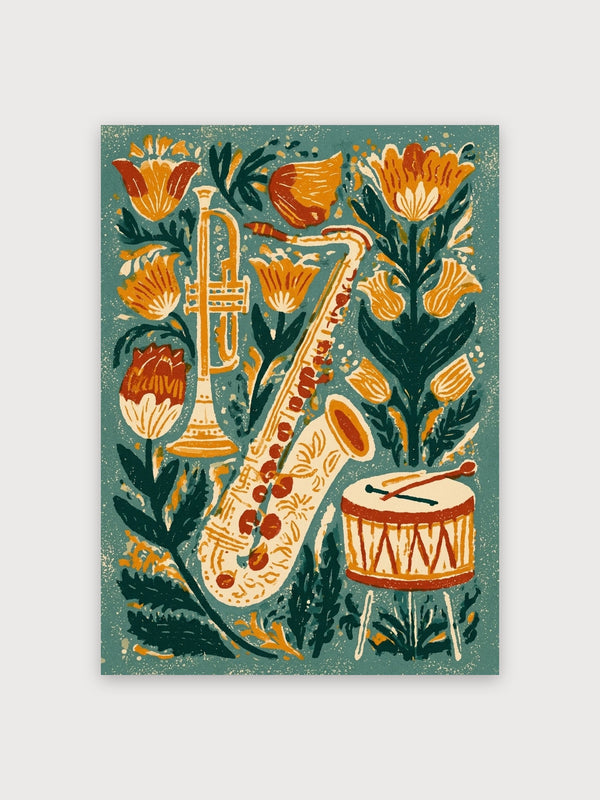 Retro Floral Music Instruments Illustration - Digital Download