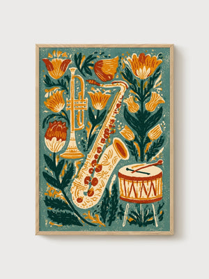 Flower Poster with Jazz Instruments poster in oak frame