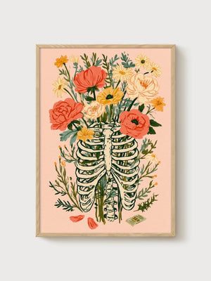 Skeleton Bouquet Flowers Print poster in oak frame