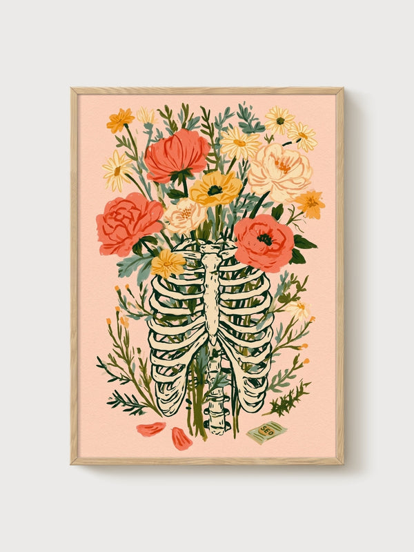 Skeleton Bouquet Flowers Print poster in oak frame
