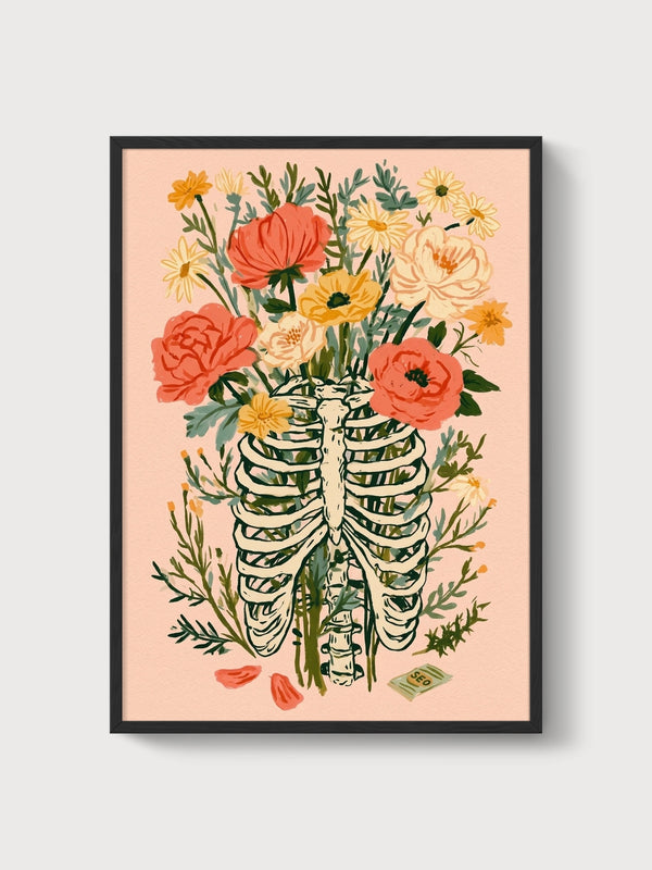 Skeleton Bouquet Flowers Print poster in black frame