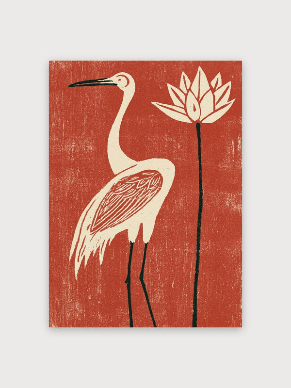 Red Heron Lotus Woodblock - Digital Download