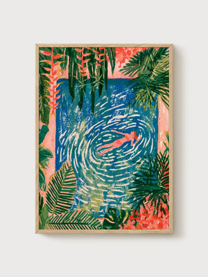 Tropical Swimmer Poster poster in oak frame
