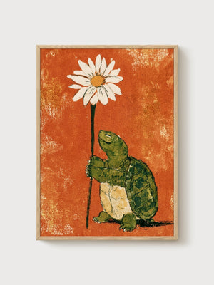 Tortoise with Daisy Flower Print poster in oak frame