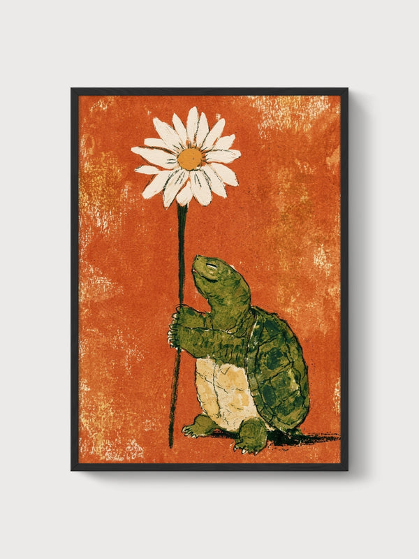 Tortoise with Daisy Flower Print poster in black frame
