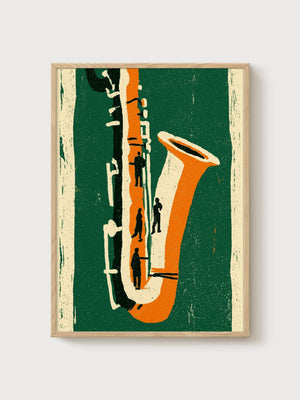 Retro Jazz Saxophone Poster poster in oak frame