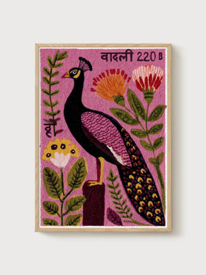 Nepalese Peacock Postage Stamp Art poster in oak frame