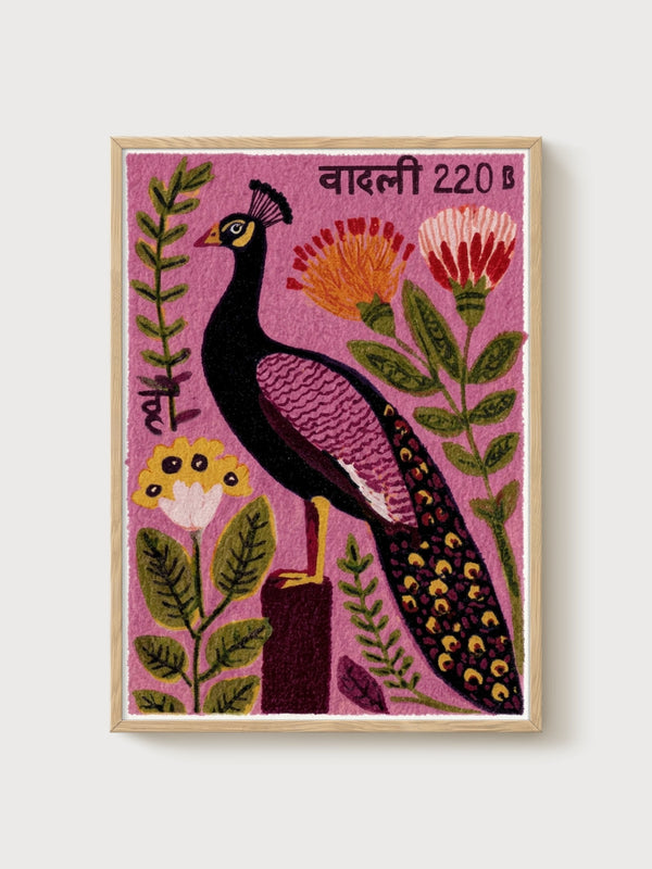 Nepalese Peacock Postage Stamp Art poster in oak frame