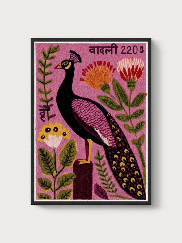 Nepalese Peacock Postage Stamp Art poster in black frame