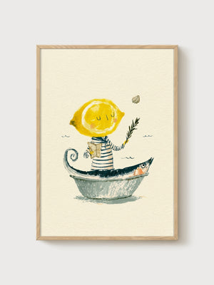 Whimsical Lemon Sailor Fish Boat Watercolor Print poster in oak frame