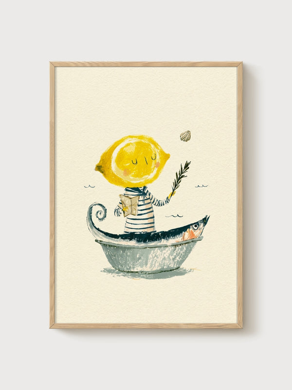 Whimsical Lemon Sailor Fish Boat Watercolor Print poster in oak frame