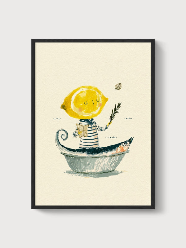 Whimsical Lemon Sailor Fish Boat Watercolor Print poster in black frame