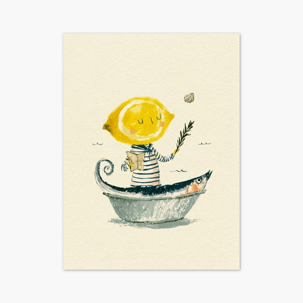 Whimsical Lemon Sailor Fish Boat Watercolor Print art print