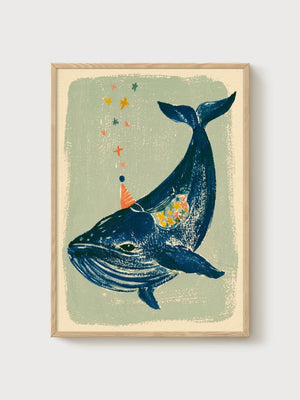 Whimsical Party Whale Poster poster in oak frame