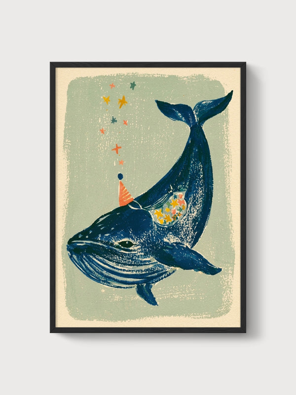 Whimsical Party Whale Poster poster in black frame