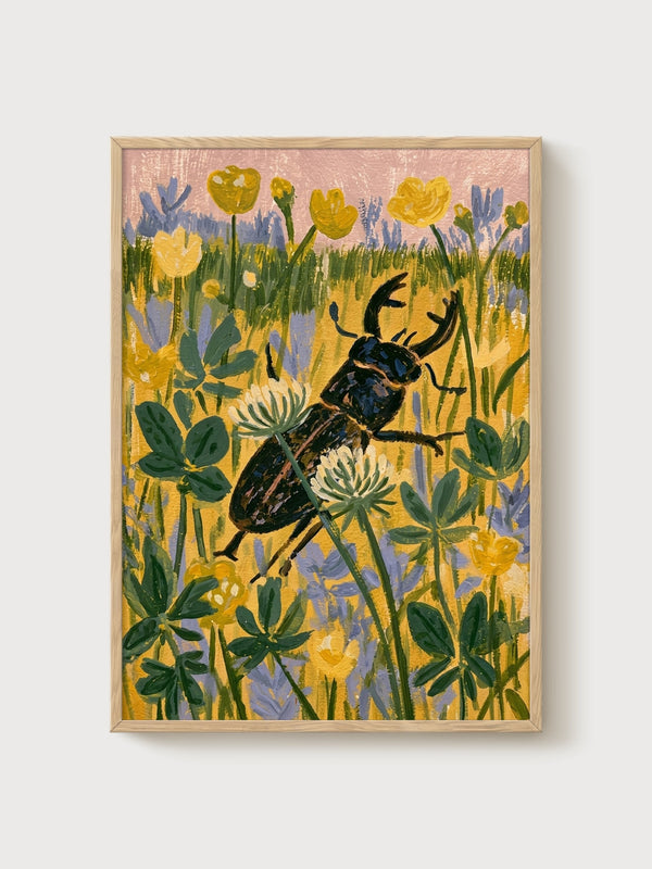 Stag Beetle Wildflower Wall Art poster in oak frame