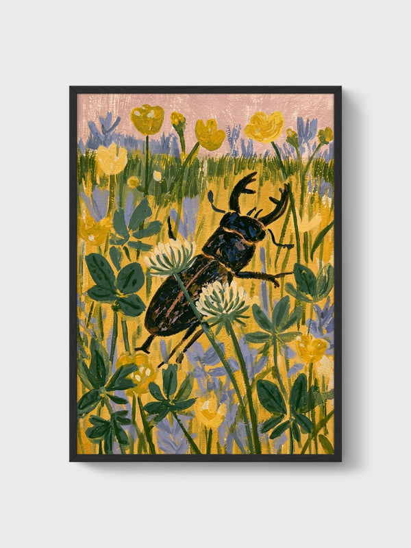 Stag Beetle Wildflower Wall Art poster in black frame