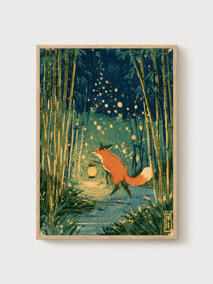 Fox Art Ukiyo E Wall Art poster in oak frame