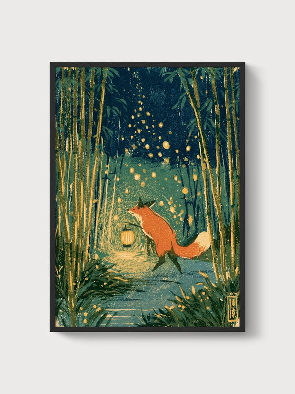 Fox Art Ukiyo E Wall Art poster in black frame